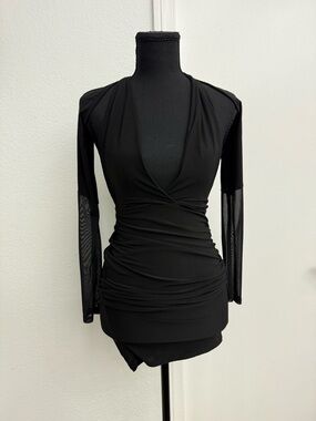 Black Ruched Deep V Long Sleeve Dress